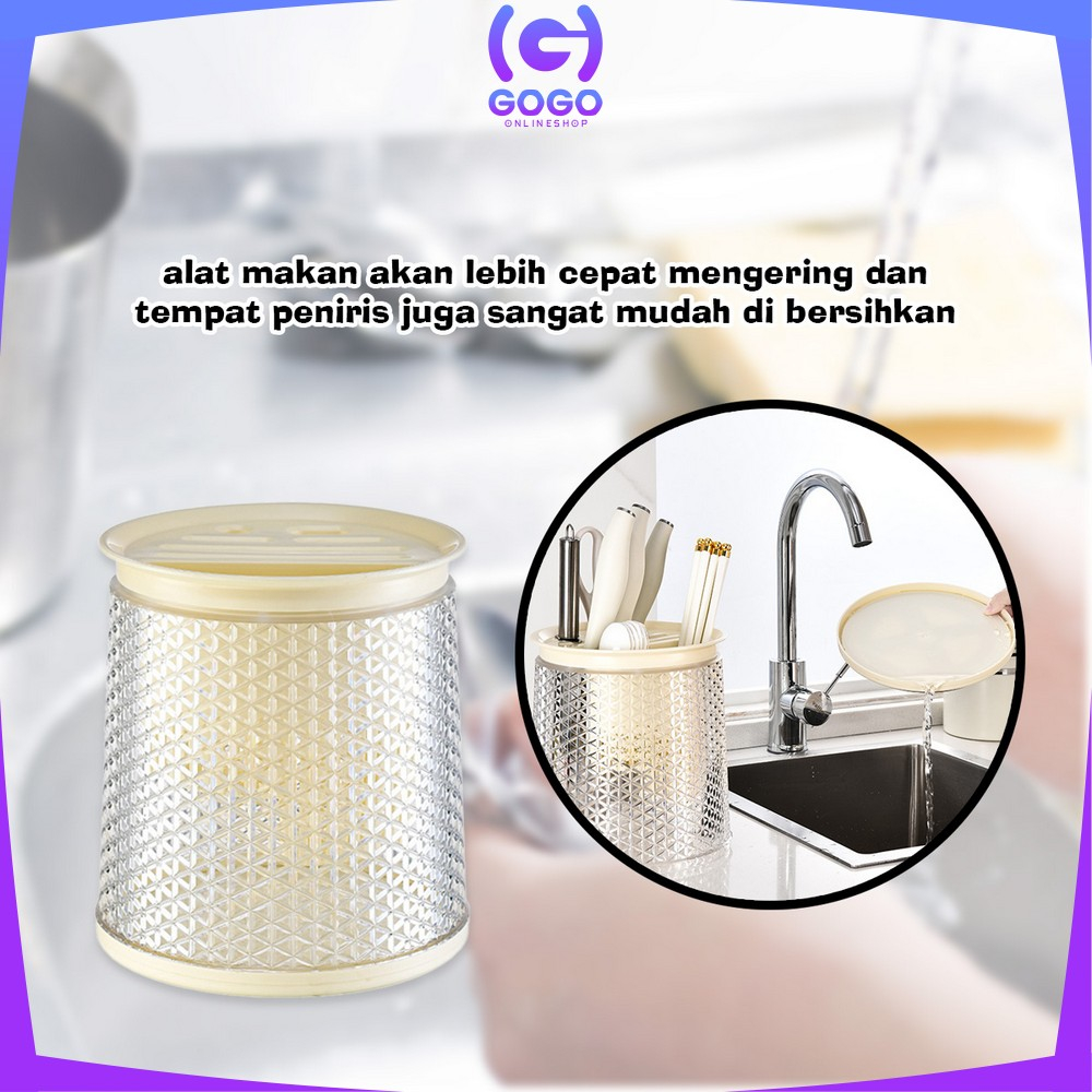 GOGO-C854 Tempat Sendok Garpu Sumpit Pisau Cutlery Holder Dengan Tirisan / Wadah Penyimpanan Rak Putar 360° Estetik Peralatan Dapur