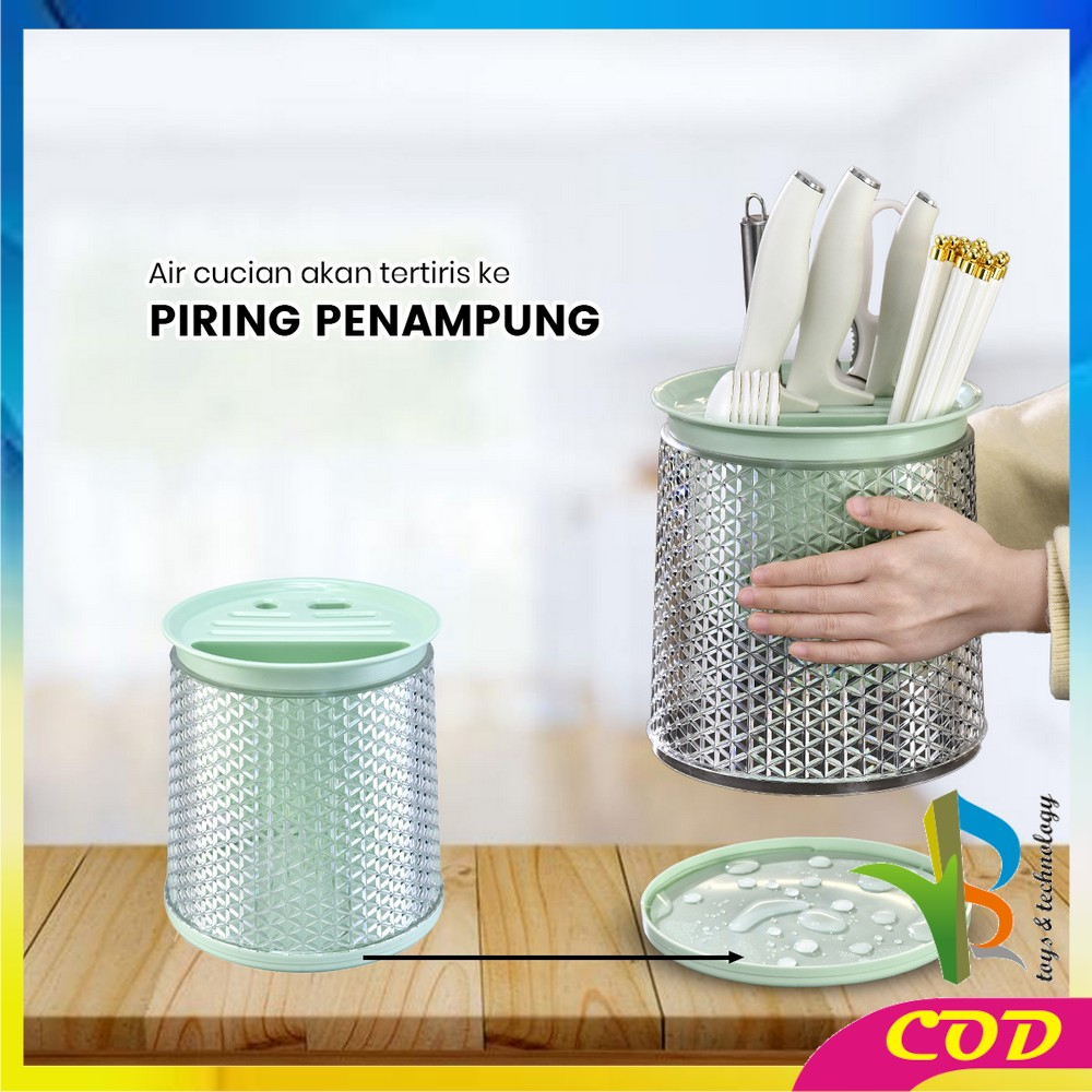 RB-C854 Tempat Sendok Garpu Sumpit Pisau Cutlery Holder Dengan Tirisan / Wadah Penyimpanan Rak Putar 360° Estetik Peralatan Dapur