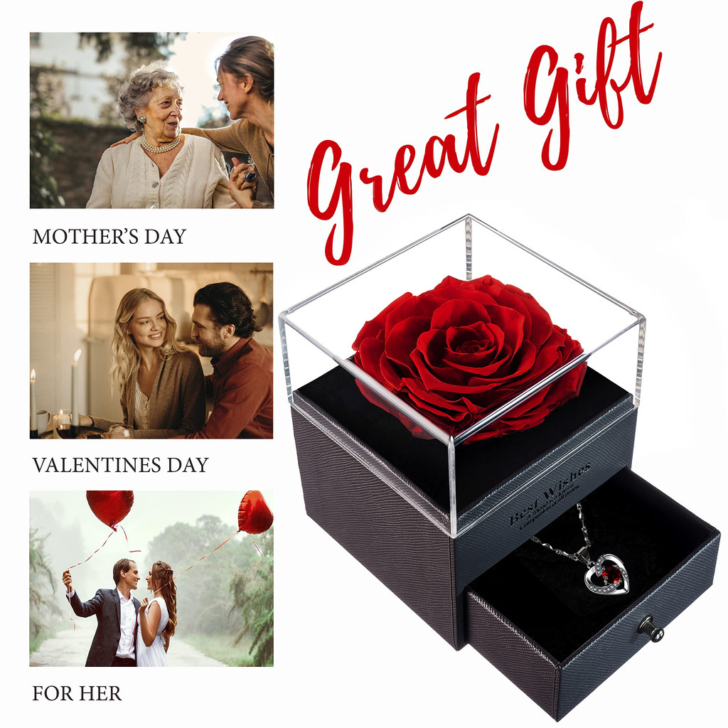 Hadiah Untuk Cewek Mawar Abadi yang Diawetkan Selamanya Tulang selangka berbentuk hati with kalung Rose dalam Kotak Cinta Terbuat dari Mawar Kecantikan Segar Sejati - Kado Romantis untuk Wanita, Wanita, Ibu
