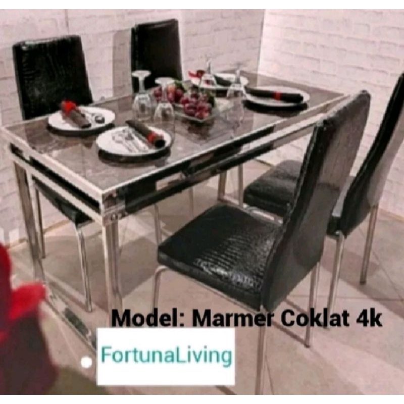 (Free Ongkir Jadetabek)TERLARIS Meja Makan Marmer Minimalis Set 4 Kursi Rangka Besi Stainless Dining Table