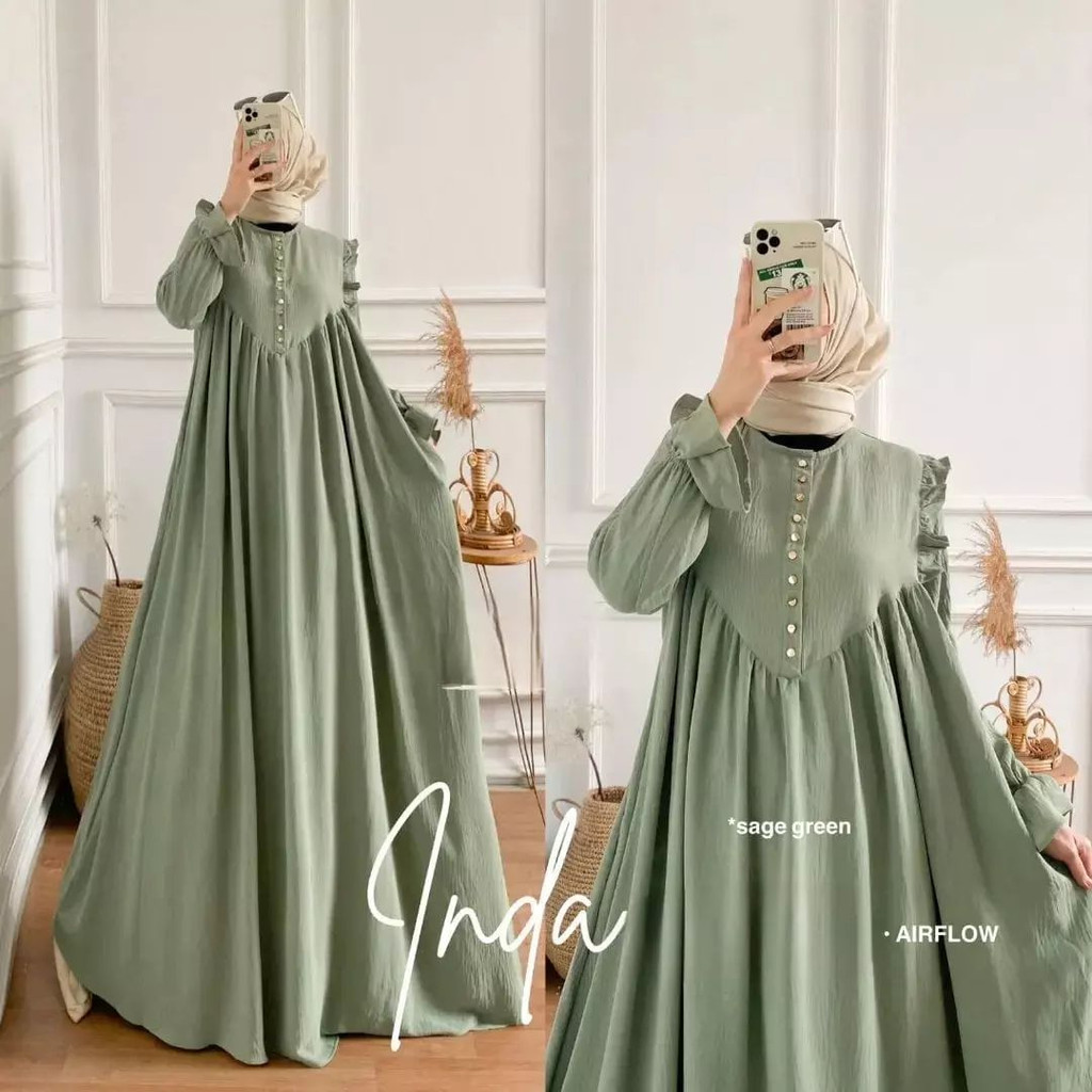 INDA DRESS GAMIS CRINKLE AIRFLOW PREMIUM DRESS WANITA TERBARU 2023 GAMIS WANITA BAHAN CRINGKLE APLIKASI BORDIR MEWAH