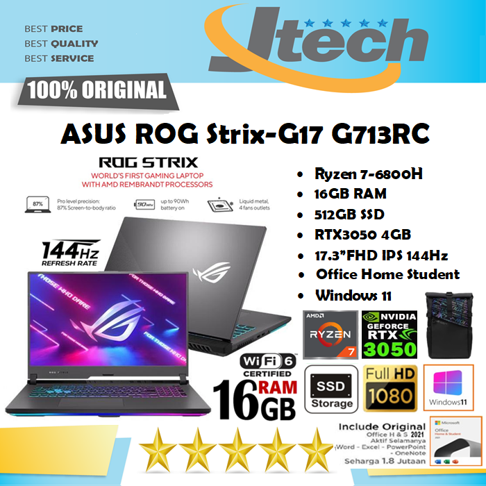 ASUS ROG STRIX G15 G713RC - RYZEN 7-6800H - 16GB - 512GB SSD - RTX3050 4GB - 17.3&quot;FHD IPS 144Hz - WIN11 - OFFICE HOME STUDENT