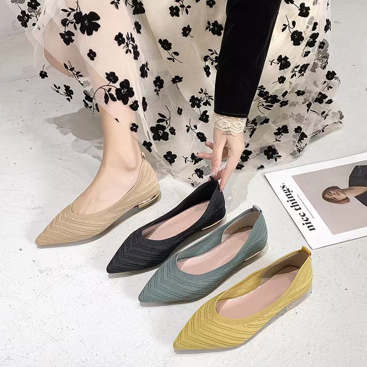 Korean Pumps Knit Rajut Point Toe Heels Sepatu Hak Wanita 5370 (36-40)