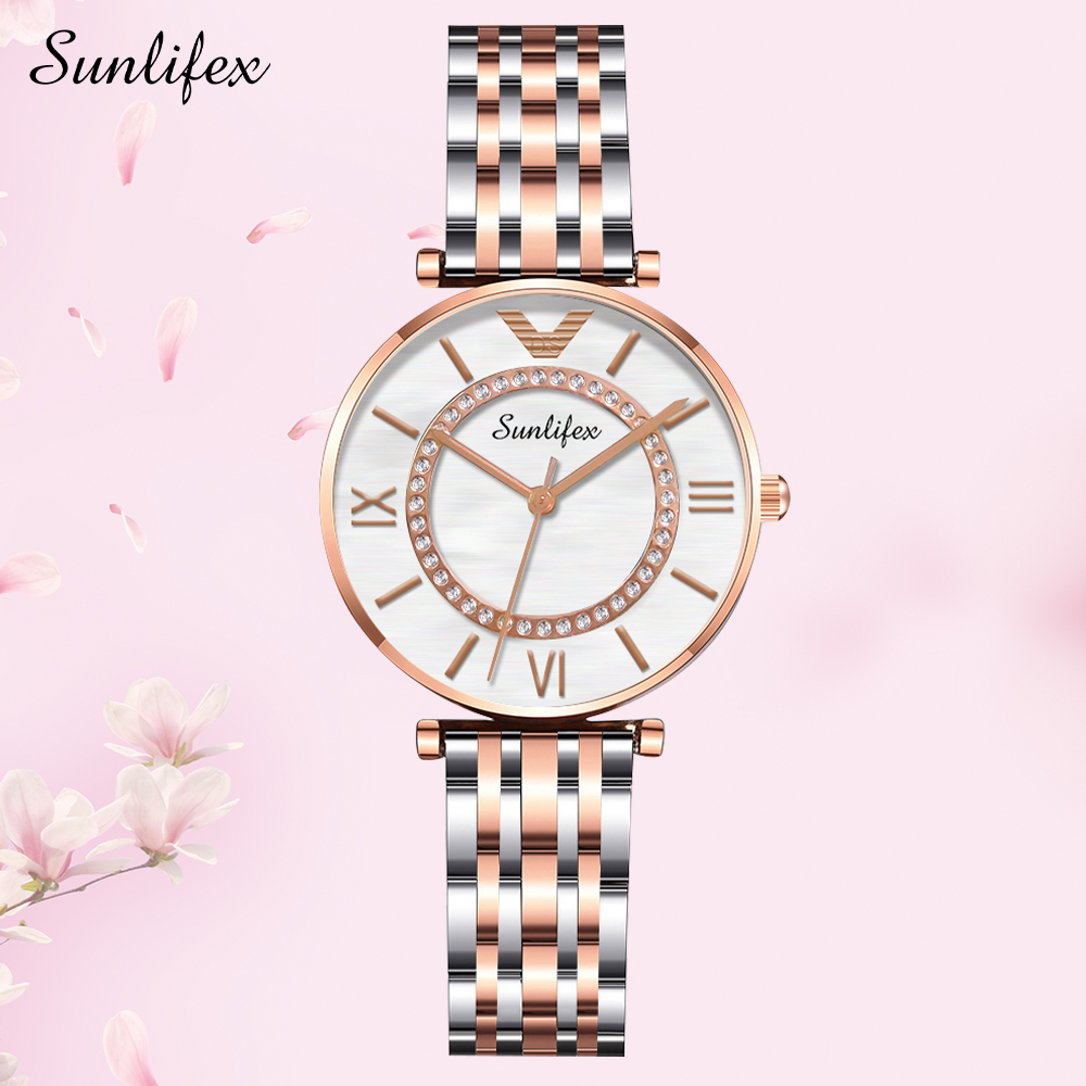 SUNLIFEX Jam Tangan Wanita Original Berlian Putaran Dial Tampilan Jam Tangan Wanita Anti Air Kuarsa Tali Stainless Steel Mode Bisnis Jam Tangan Cewek