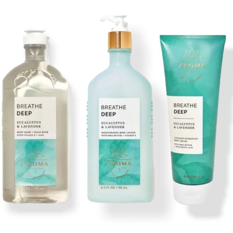 BBW AROMATHERAPY BREATHE DEEP EUCALYPTUS &amp; LAVENDER SERIES BODY MIST CREAM LOTION WASH SHOWER GEL WALLFLOWER SCENTPORTABLE POCKETBAC SCRUB DEEP CLEANSING SOAP PILLOWMIST ROOMSPRAY LUXURY BATH GENTLE FOAMING GENTLE GEL BATH &amp; BODY WORKS