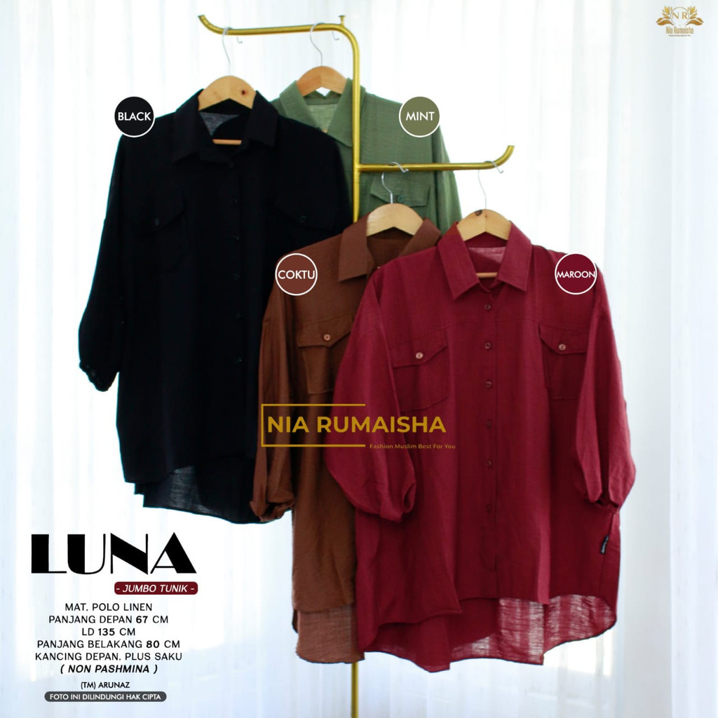 Luna Tunik Jumbo kemeja Blouse Atasan Muslim Wanita Original Produk By Nia Rumaisha