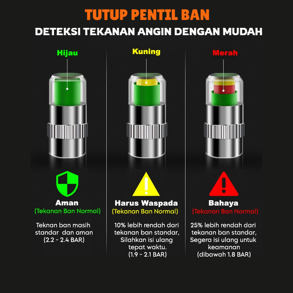 TUTUP PENTIL BAN MOBIL SEPEDA MOTOR DENGAN INDIKATOR TEKANAN ANGIN KEMPES ALERT VALVE CAP ANTI BOCOR