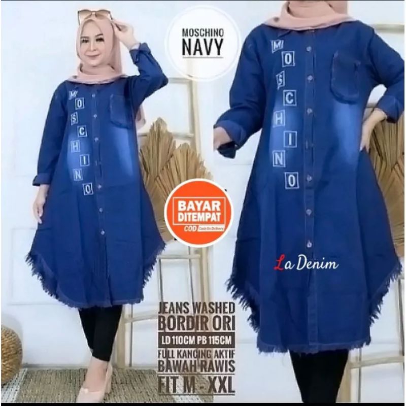 Moschino Tunik/Mochi Long Tunik Jeans Bordir Kekinian/Tunik Rawis Jumbo Busui