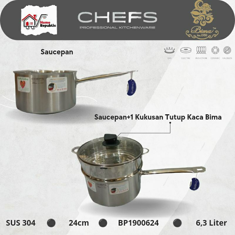 Bima Chefs Sauce Pan 24cm 3-Ply Sus 304 Panci Rebus Mpasi Baby BP1900624 Panci Induksi
