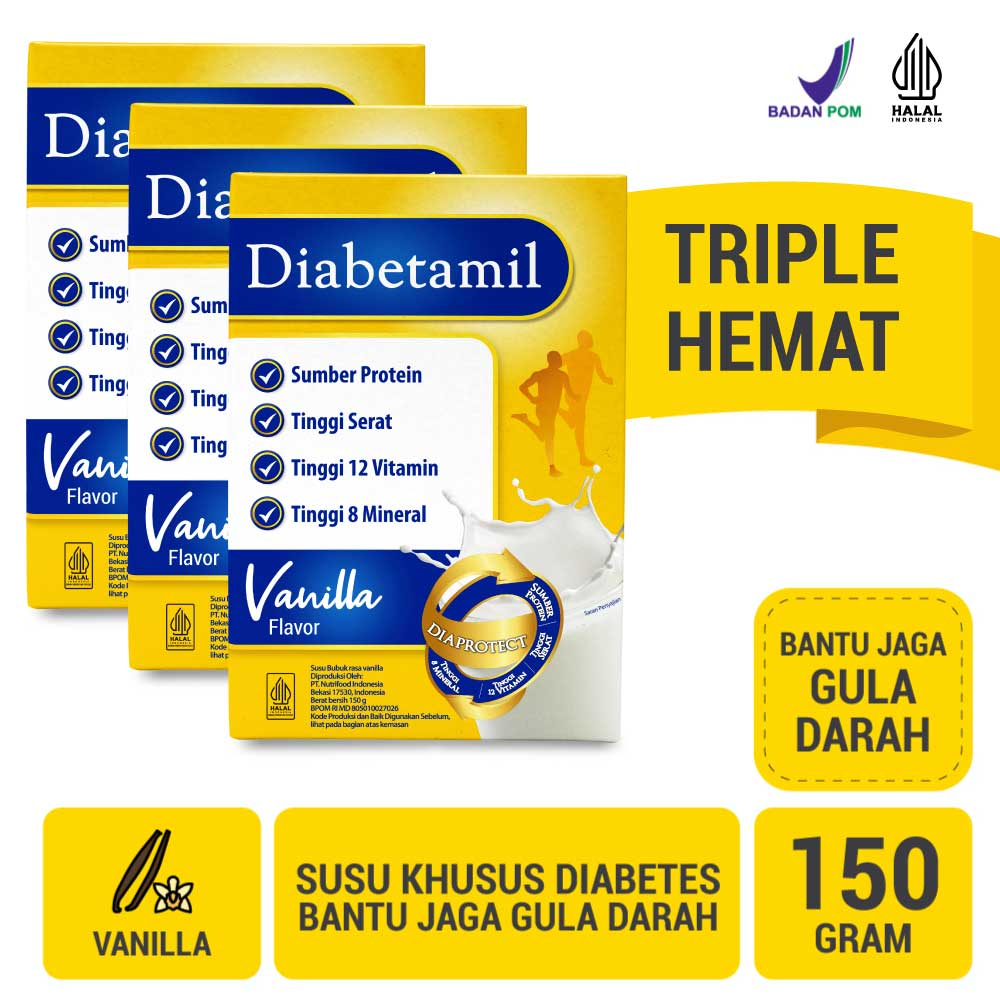 Triple Pack - Susu Diabetamil Vanilla 150 gram - Susu Khusus Diabetes Bantu Jaga Gula Darah