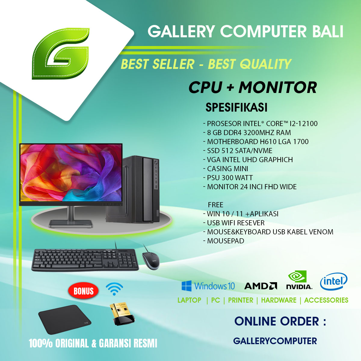 ( cpu dan monitor ) komputer pc rakitan intel core i3 gen 12