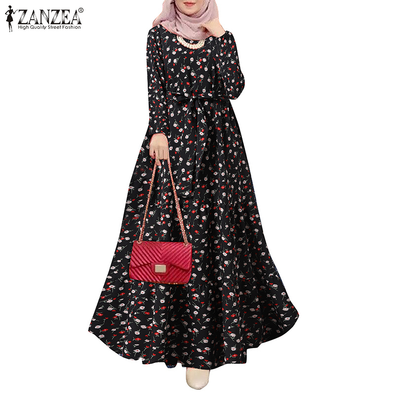 ZANZEA Women Retro Muslim Print Crew Neck Double Ruffle Irregular Hem Long Dress