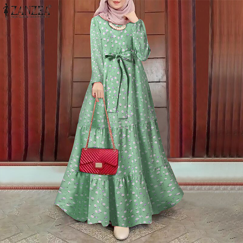 ZANZEA Women Retro Muslim Print Crew Neck Double Ruffle Irregular Hem Long Dress