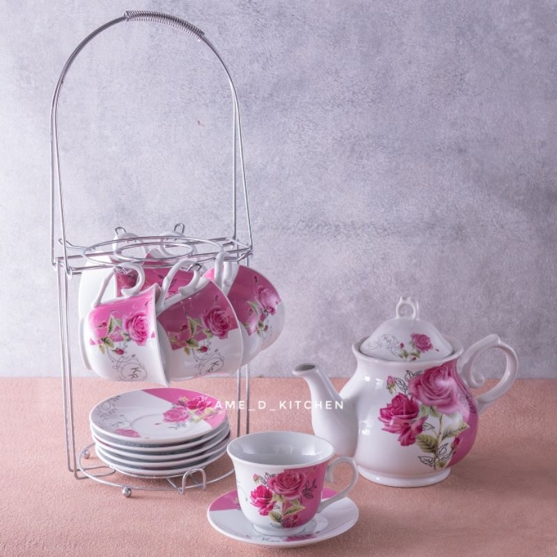 Tea set keramik shabby rose merah + rak stenliss