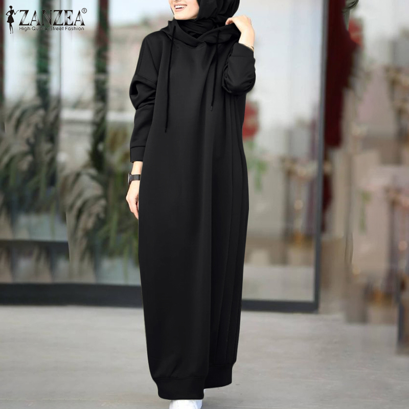 ZANZEA Women Hooded Winter Dress Long Sleeve Thin Fleece Long Dress