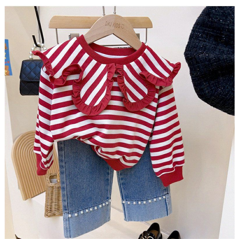 Setelan Sweatshirt Anak Perempuan Motif Strip Merah Celana Panjang Mutiara 8