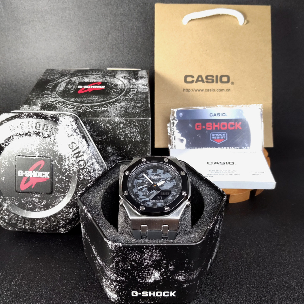 Casio G-Shock GM-2100 Custom Army Silver Black - Jam Tangan GShock GMA-2100H Analog Digital