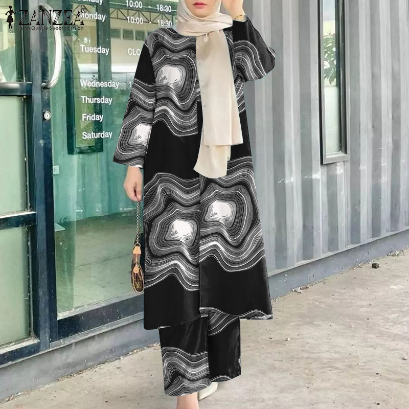 ZANZEA Women Muslim Fashion Long Sleeves Elastic Printing Side Slits Wistband With Pockets Suit