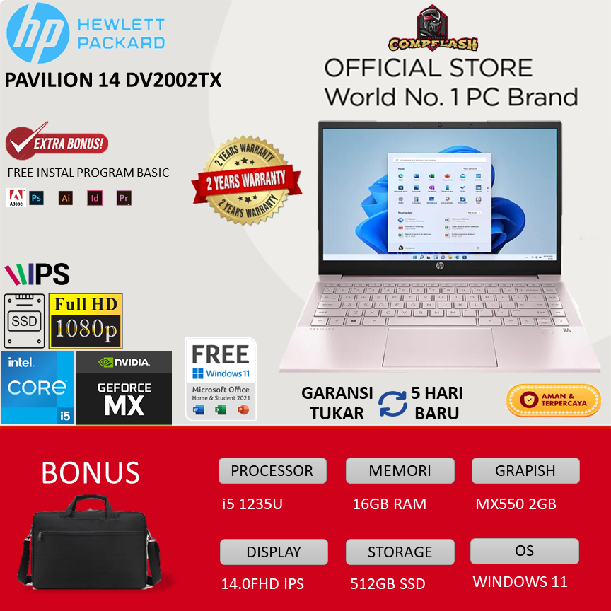 LAPTOP HP PAVILION 14 DV2002TX MX550 2GB RAM I5 1235U 16GB 512SSD W11+OHS 14.0FHD IPS