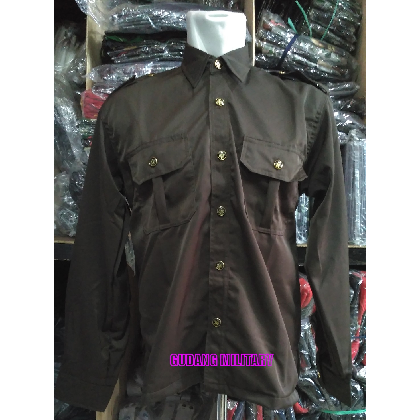 Safari Satpam Kancing Garuda Panjang Coklat - Safari Kancing Emas
