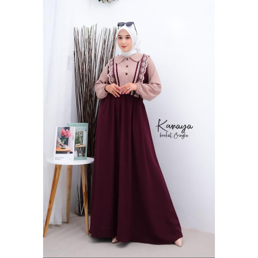 [COD] Kanaya Dress | gamis cringkle variasi renda Gamis Best Seller