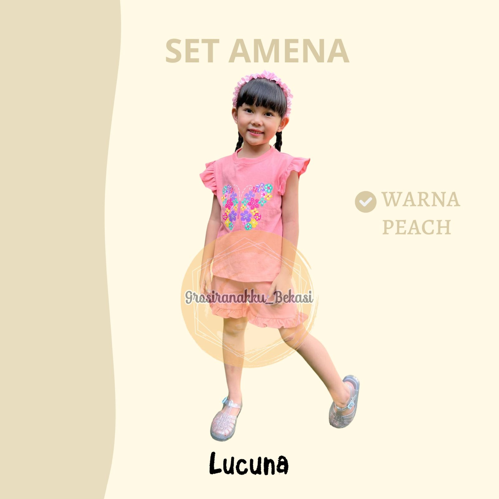 Setelan Anak Cewek Amena Lucuna Warna Peach Size 1-5 Thn