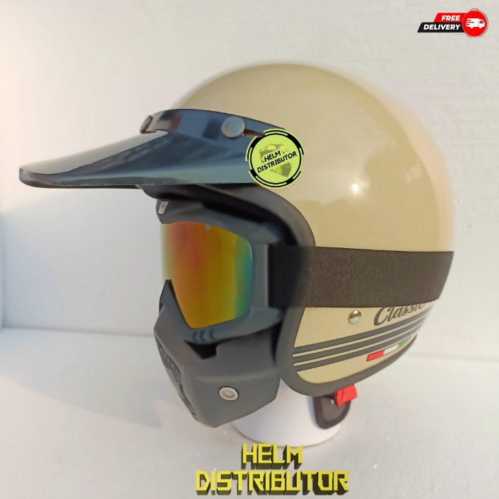 HELM BOGO RETRO CLASSIC ITALI POLOS PLUS GOGGLES MASK PET PANJANG PRIA DAN WANITA COD