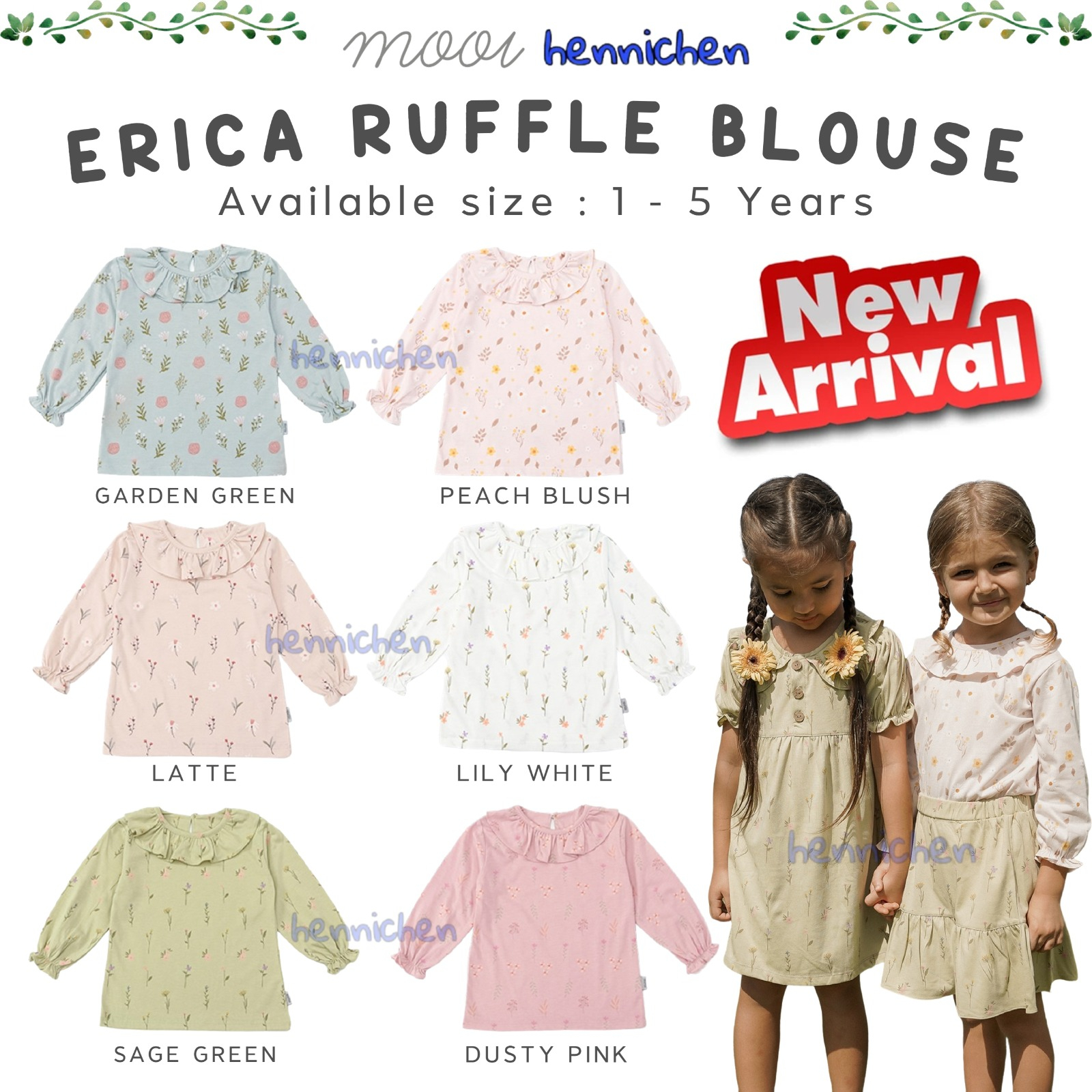 Mooi Erica Ruffle Blouse 1-10 Tahun Erica Long Top Ruffle Atasan Anak Perempuan Tangan Panjang