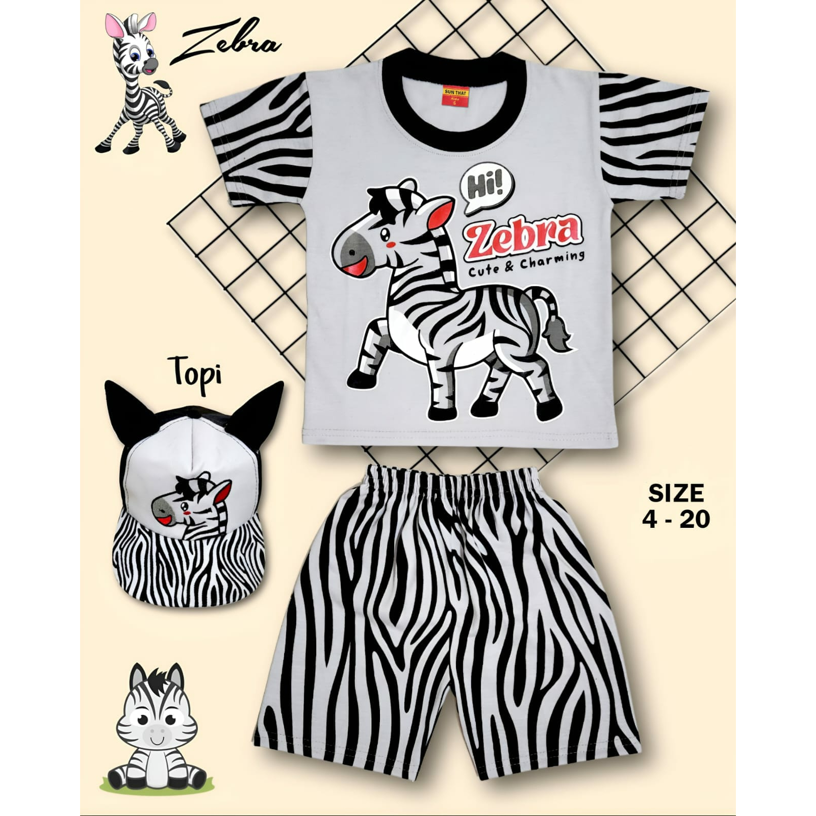 setelan baju anak ZEBRA Free Topi untuk anak 2-10 tahun bisa cod