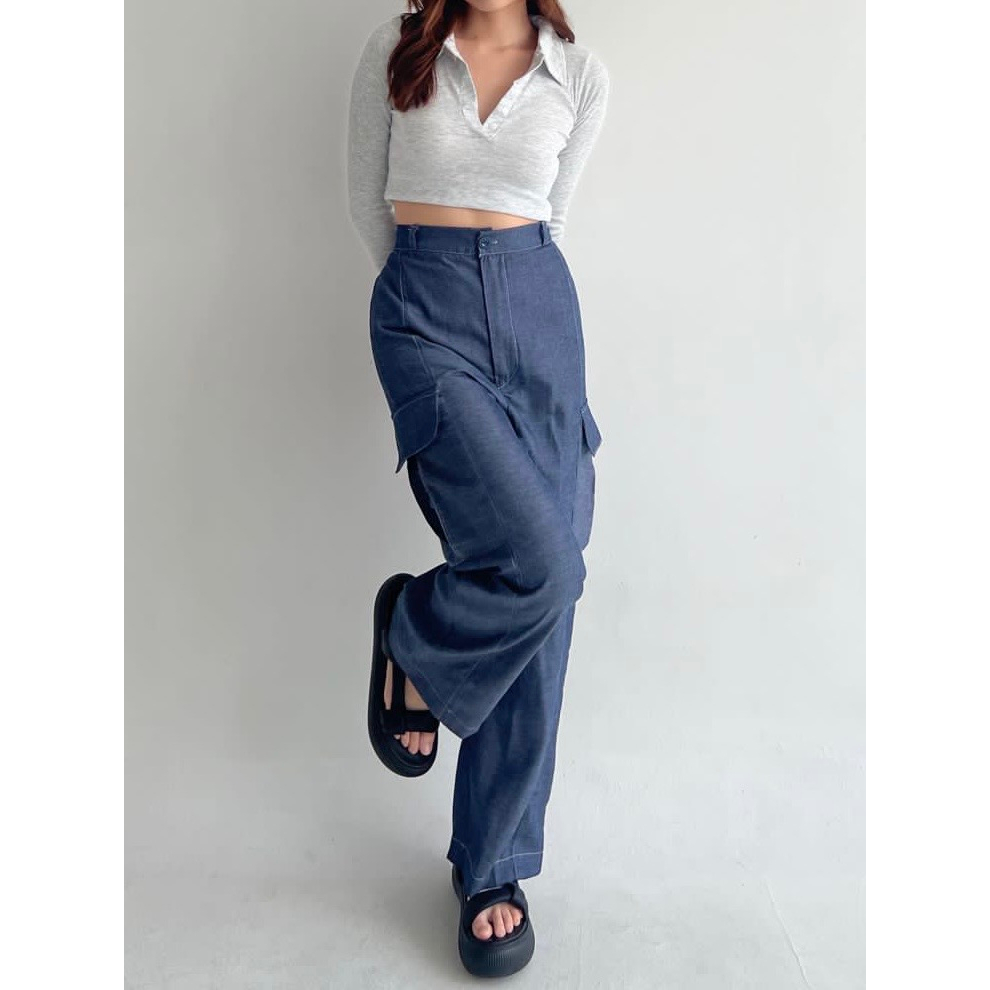 Denim Cargo Pants / Celana Cargo Jins / Cargo Jeans Pants / Kulot Panjang / Wide Pants / Celana Panjang / Celana Panjang Murah / Baggy Pants / Kulot Panjang Murah