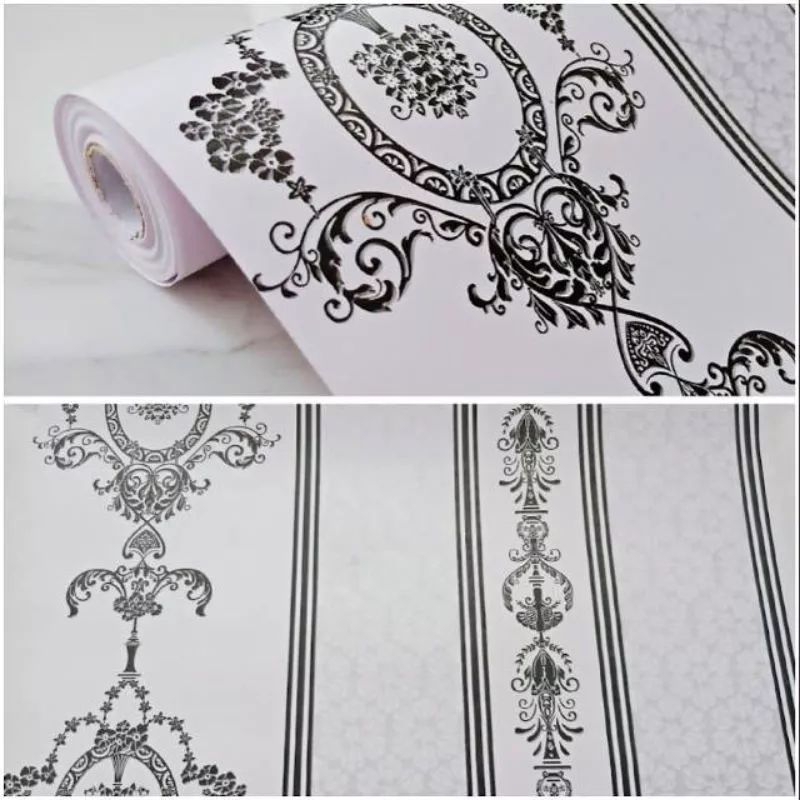 Wallpaper Sticker Dinding Motif Batik Salur Hitam Warna Dasar Silver mewah Untuk Dinding Kamar/Ruang