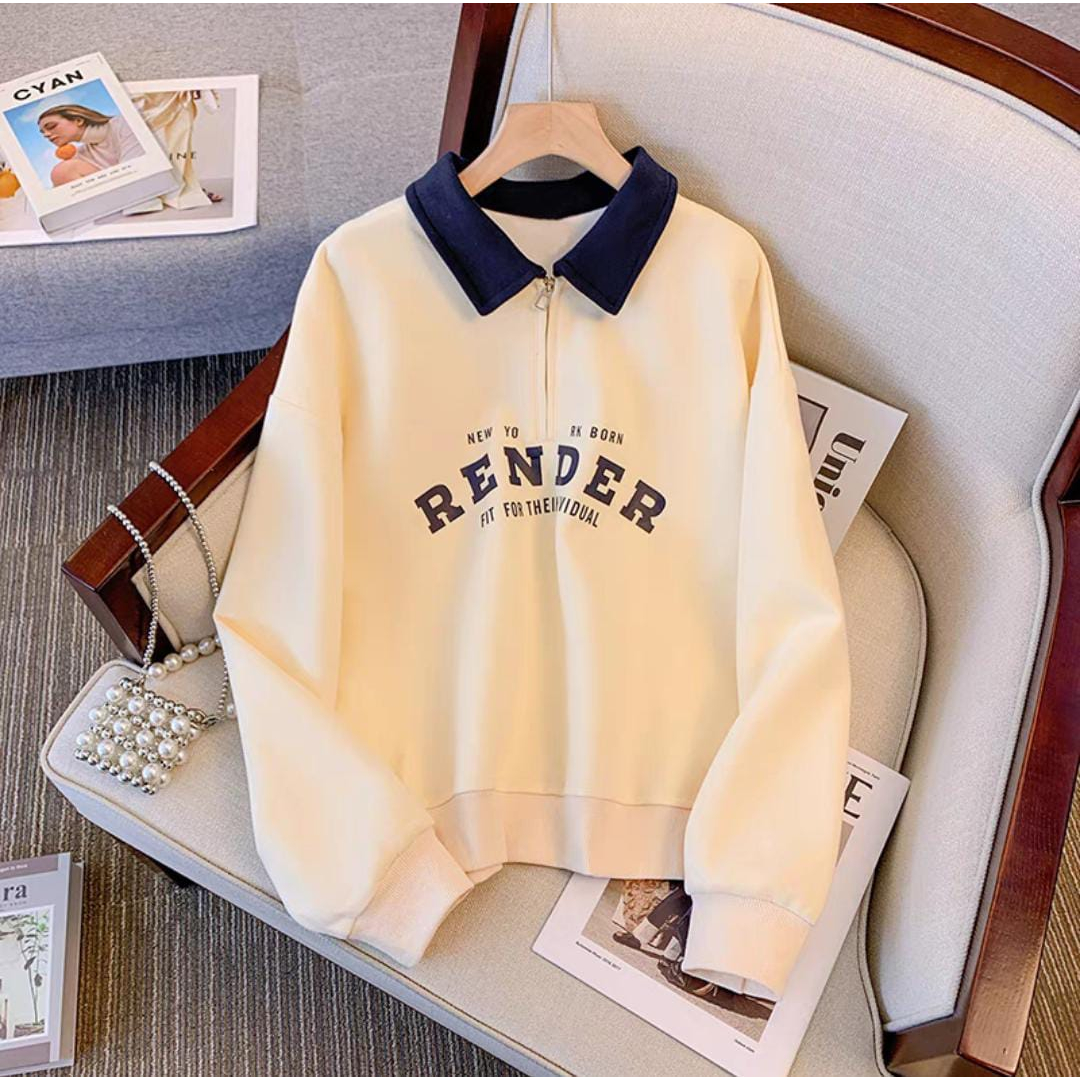 RENDER COLLAR ZIPPER SWEATER TOP BLOUSE FLEECE WANITA FREESIZE (PH)