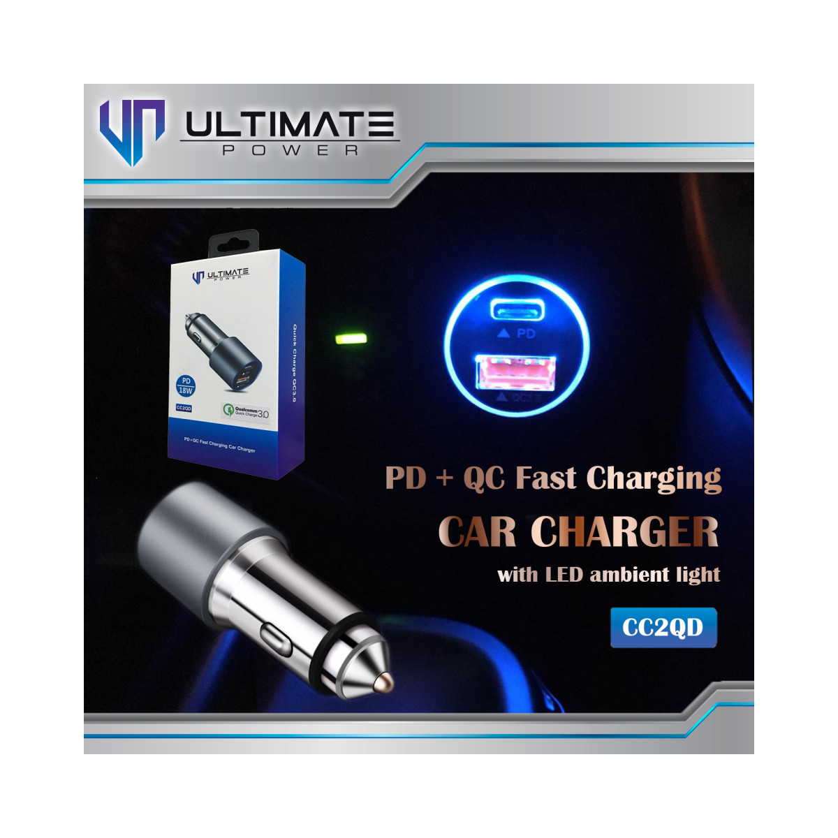 Ultimate Power Car Charger Mobil 36w PD+QC Fast Charging Car Charger with LED Ambient Light