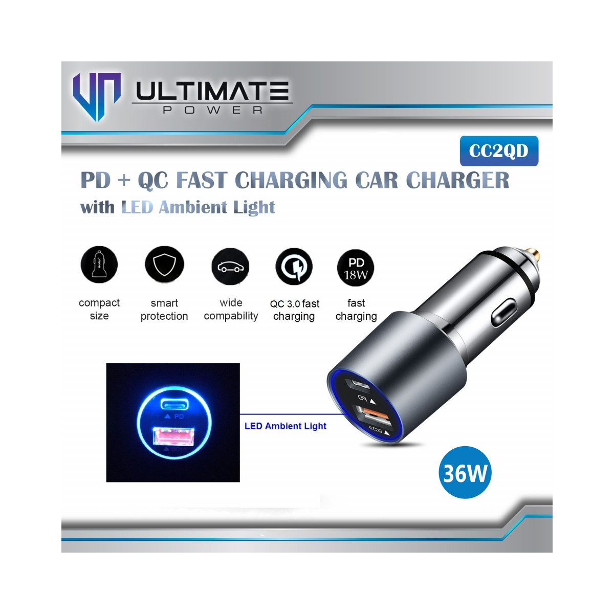 Ultimate Power Car Charger Mobil 36w PD+QC Fast Charging Car Charger with LED Ambient Light