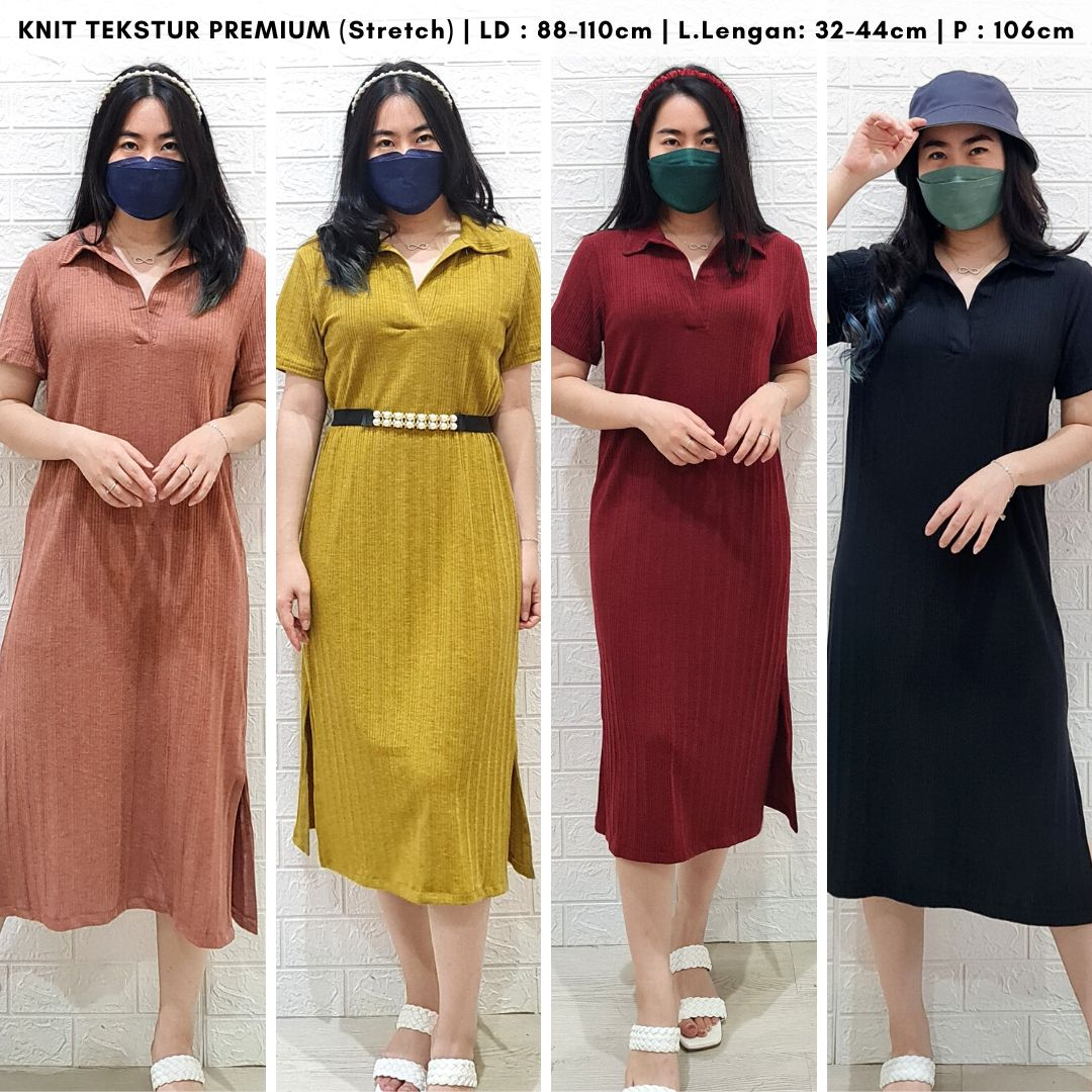 4164 matilda knit slit dress cny polos rib rajut premium dress kerah