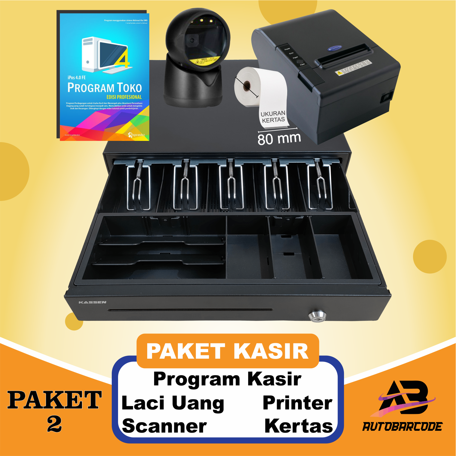 ( PAKET 2 ) Paket Mesin Kasir Resto / Restoran Usaha Bisnis Printer Thermal 80MM + Cash Drawer / Laci Uang + Scanner 1D / 2D + Kertas Struk + Program Ipos