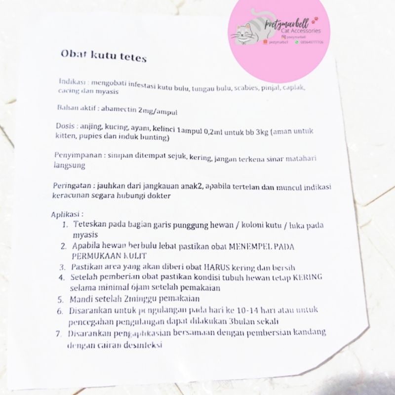 Obat Tetes Kutu Kucing Kitten Adult Hewan Peliharaan Murah