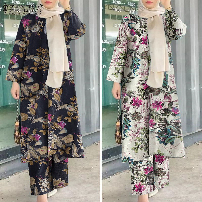 ZANZEA Women Muslim Print Side Slit Long Top + Elastic Waist With Pocket Wide Leg Pants Set