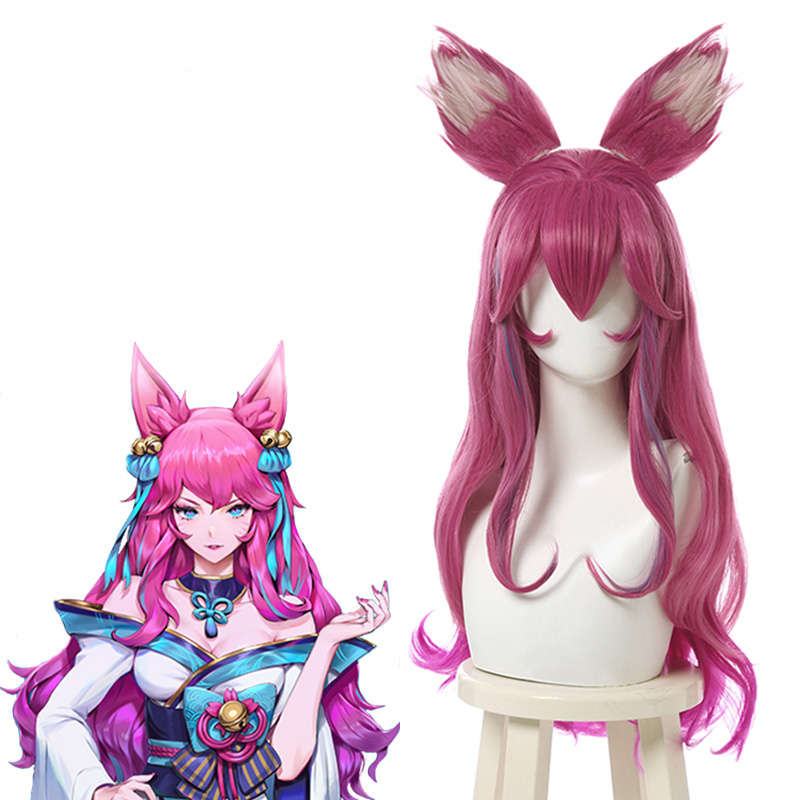 Spirit Blossom Ahri Cosplay Wig LoL Cosplay Long Gradient Pink Wig with Ears Headwear Heat Resistant
