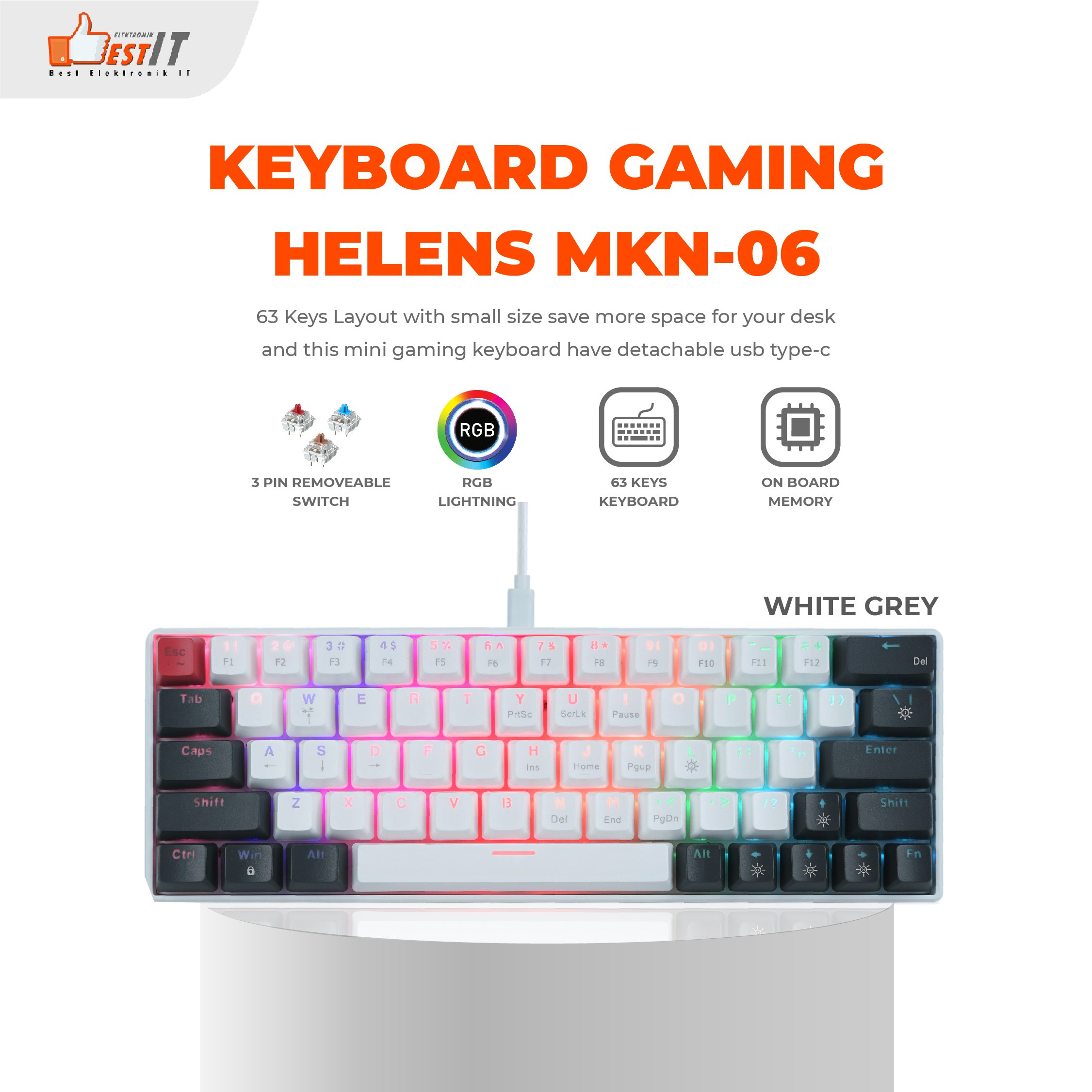 Keyboard Mechanical 63 Keys Removable HELENS MKN-06 NYK Nemesis - White-Grey, Bluebrane With Holder