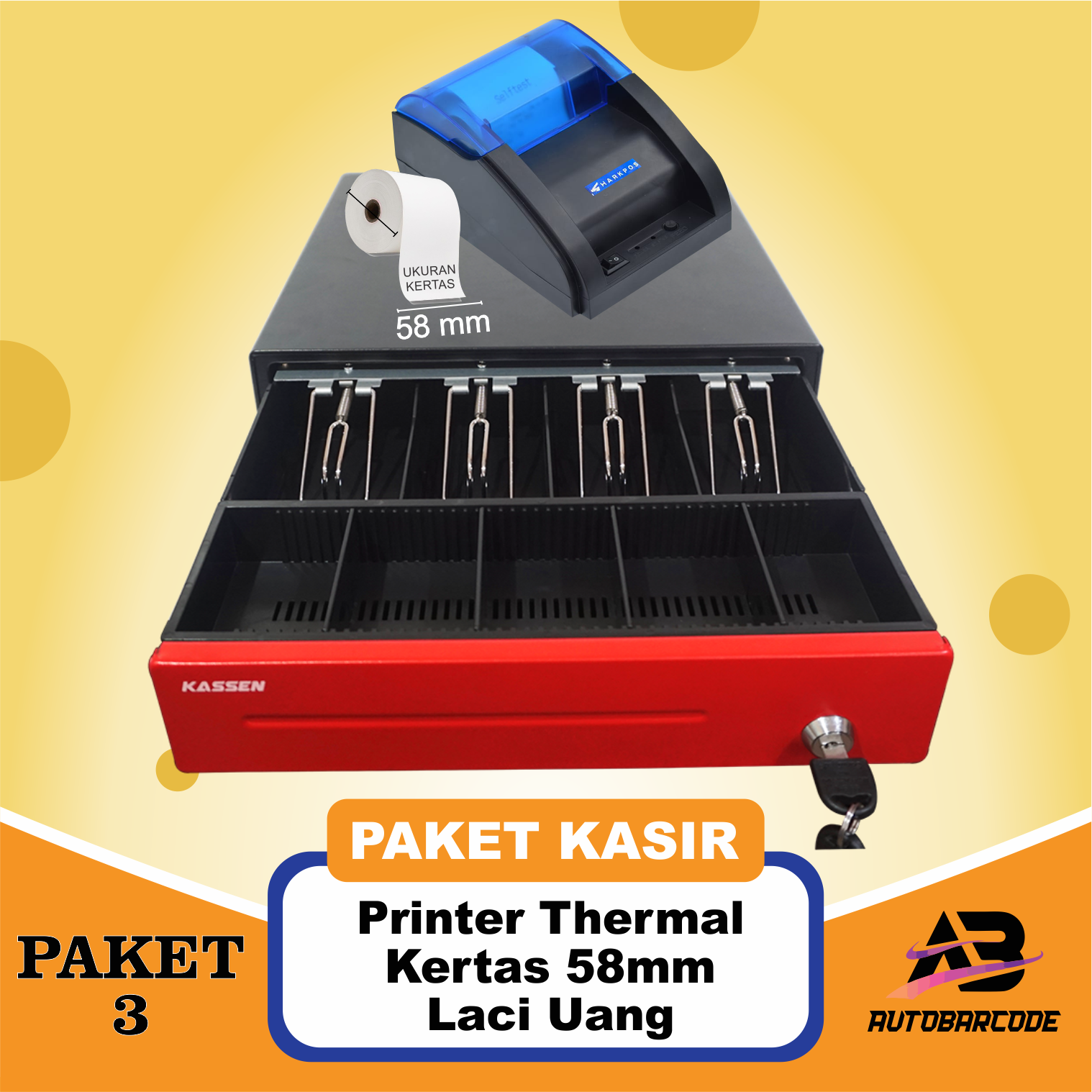 ( PAKET 3 ) Paket Mesin Kasir Toko Minimarket Resto / Restoran Usaha Bisnis Printer Thermal 58MM + Cash Drawer / Laci Uang + Kertas Struk