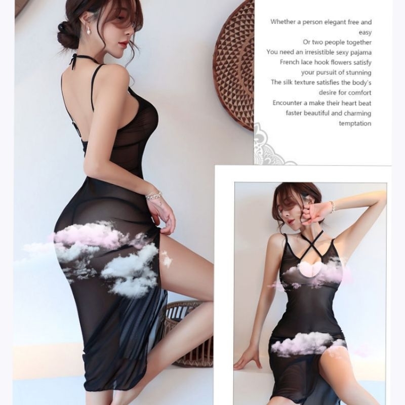 Lingerie Bodycon Dress Gaun Malam Pesta Transparan Panjang Sexy + G String