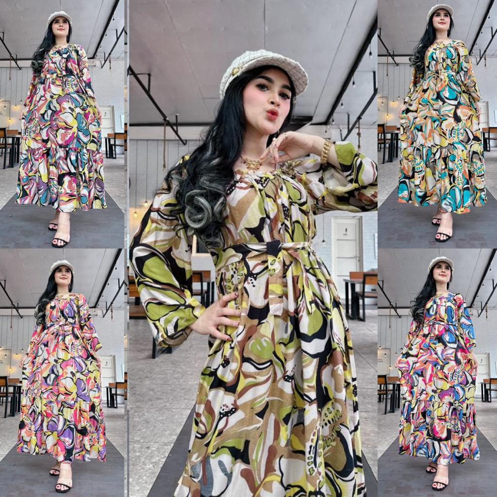 Baju Dress Daster Longdress Homedress Fujian Abstrak Korea Terusan Lengan Panjang Smock Smok Kerut S