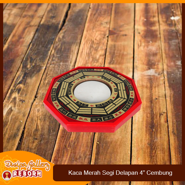 Kaca Cermin Cekung Fengshui Pat Kua Pakua /Ba Gua Segi Delapan Red 4&quot;