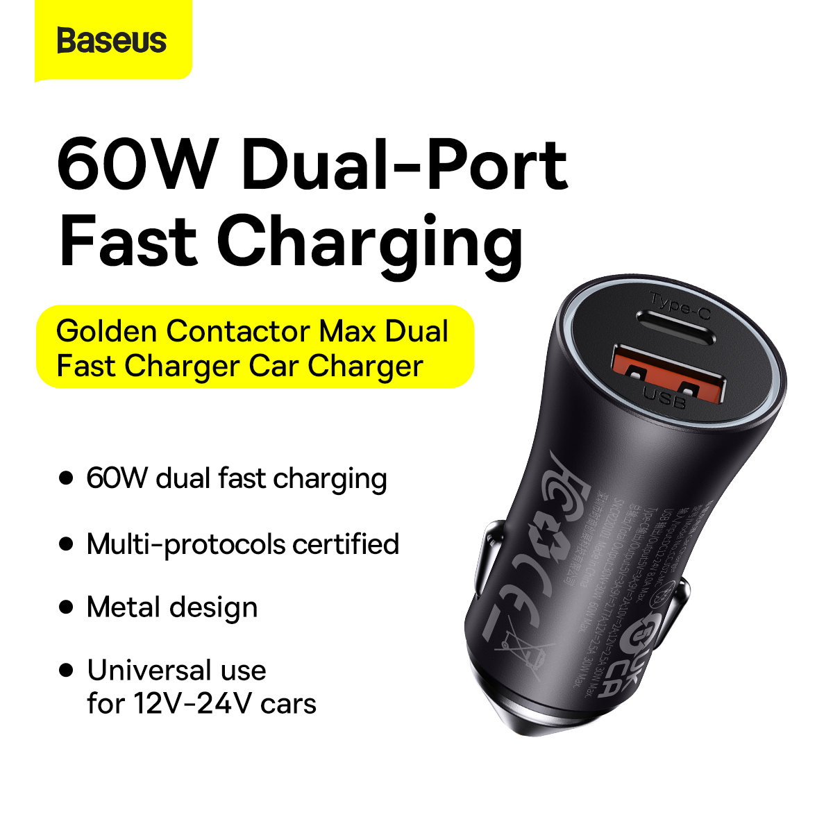 BASEUS ORIGINAL Golden Contactor Max Car Charger Max USB TYPE C 60W Dual Output Charger Mobil Casan Saver Super Fast Charging PD Quick Charge Tipe C