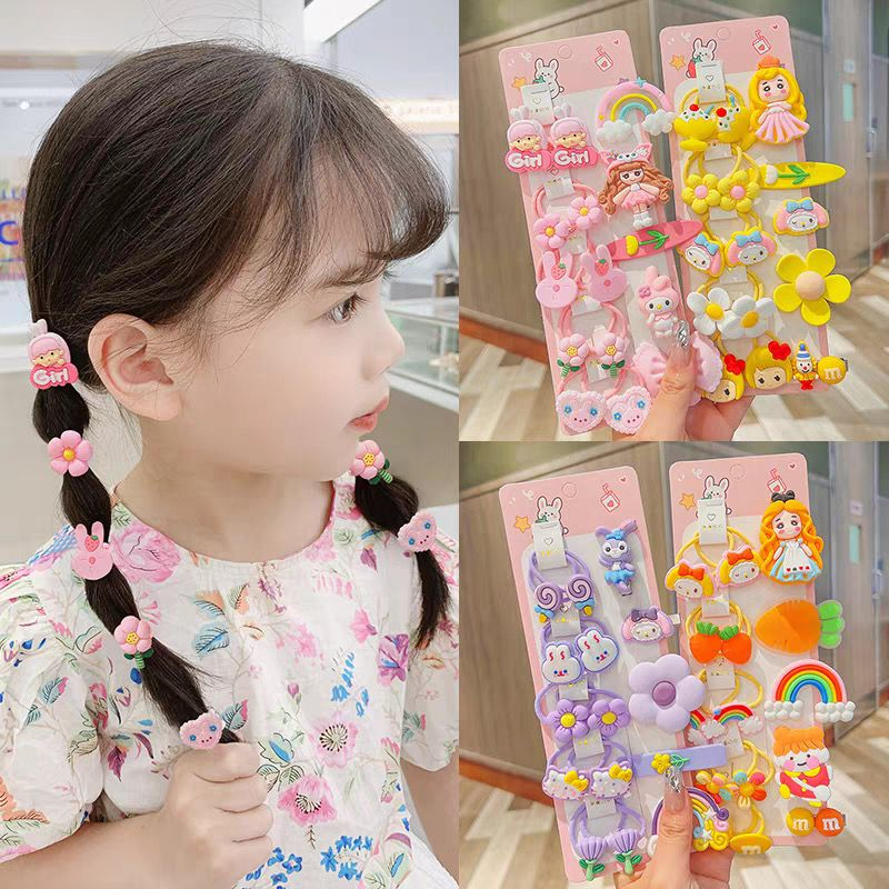 1 Set Campur Ikat Rambut dan Jepit Rambut Anak Korea 10pcs Jepit Anak 5pcs Ikat Rambut 5pcs Ala Korea Karakter Lucu