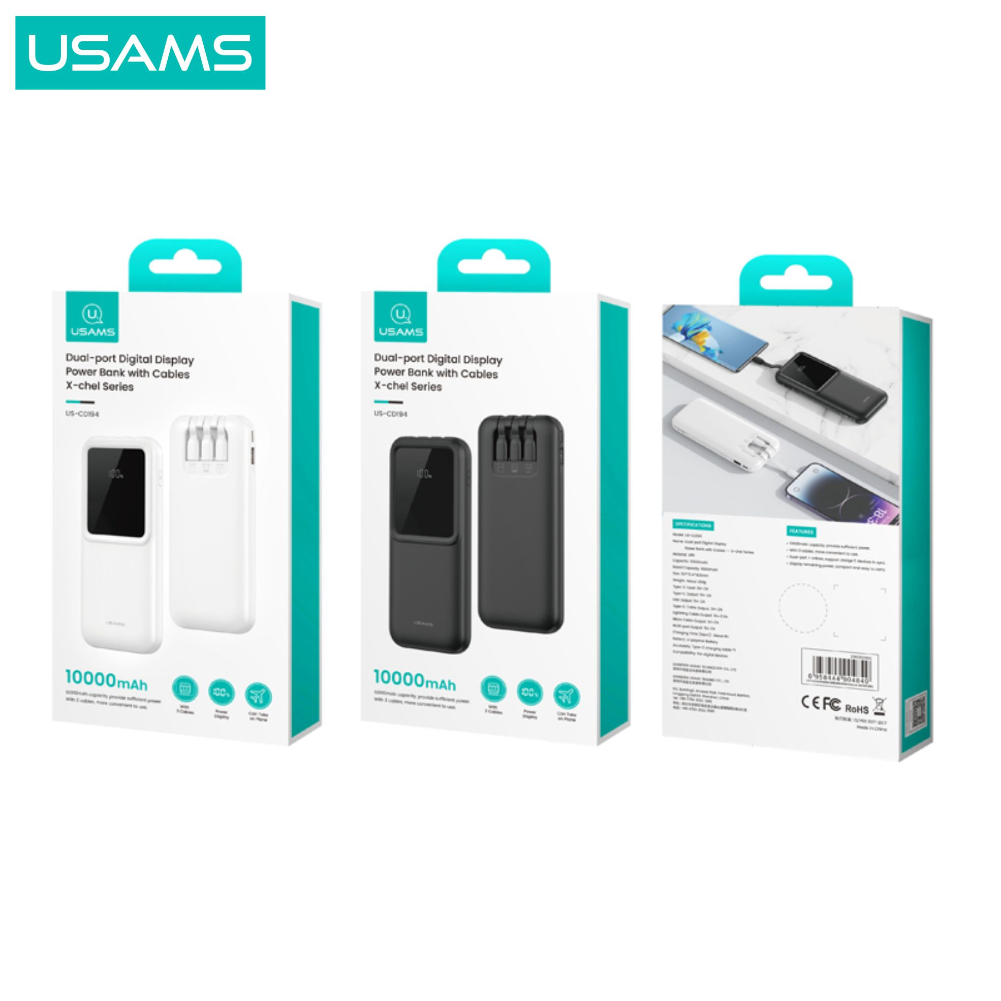 USAMS X-chel Powerbank with Cables 10000mAh Dual-port Digital Display