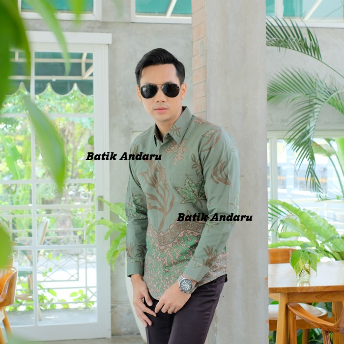 Kemeja Batik Pria Slimfit Lengan Panjang Modern Kualitas Premium Heem Elegant Warna Hijau Sage