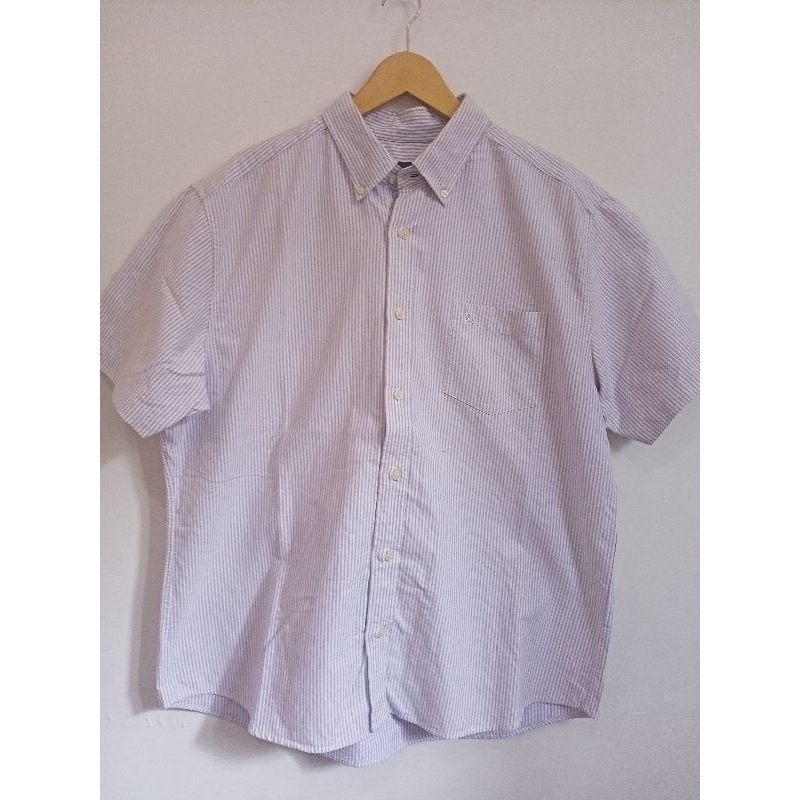 Kemeja Pria Merek Eddie Bauer Motif Salur Bahan Cotton Semi Denim Warna Ungu Muda Lis Putih