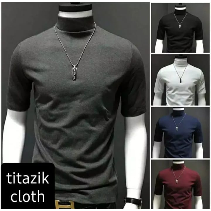 Turleneck Pria Rib Rajut Lengan Pendek/Pakaian Pria Dewasa Lengan Pendek/Atasan Pria Polos Lengan Pe